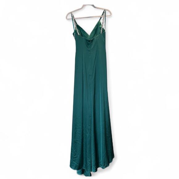 Mac Duggal Emerald Green Dress Rhinestones Draped Slit  Holiday Gown Size 2 - Picture 3 of 9